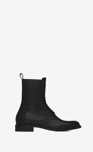 YSL Army Laced Boots In Shiny Læder Černé | 51280-LPMN