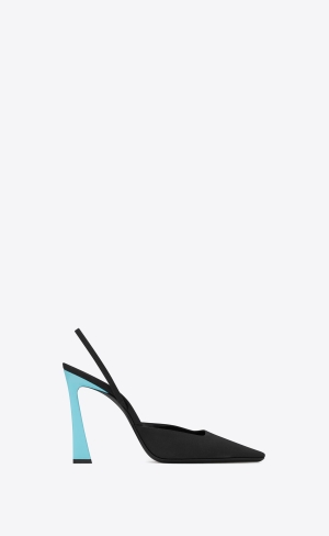 YSL Blade Slingback Pumps In Shantung And Lakovaná Læder Noir Et Celeste | 16593-TORK