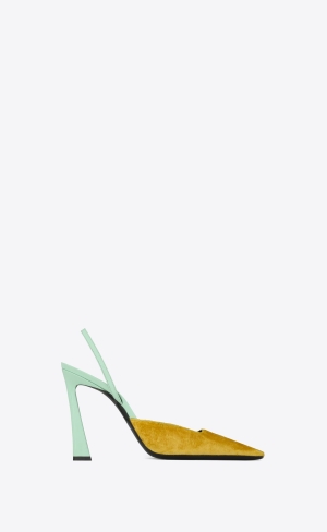 YSL Blade Slingback Pumps In Silk Velvet And Lakovaná Læder Ocre Et Vert Anis | 73895-ULQK