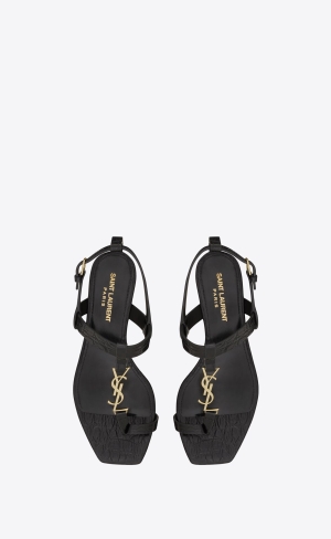 YSL Cassandra Sandals In Crocodile-embossed Læder Noir | 84169-SMRE