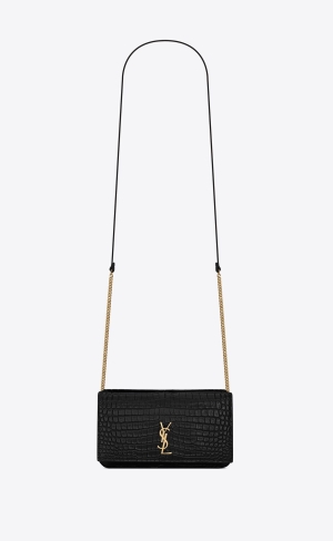 YSL Cassandre Phone Holder With Páskové In Shiny Crocodile-embossed Læder Černé | 34572-REWG