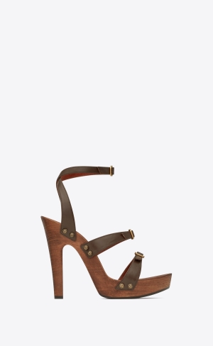 YSL Joan Platformy Sandals In Smooth Læder And Wood Káva | 42706-KJGQ