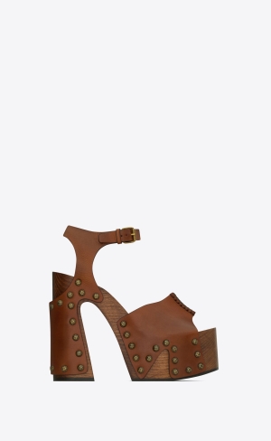 YSL Joan Platformy Sandals In Smooth Læder And Wood Noisette | 85627-YHDI