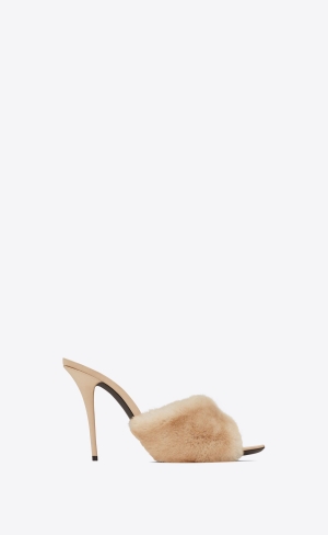 YSL La 16 Podpatku Mules In Animal Free-fur And Smooth Læder Světle Béžový | 18470-KGNP