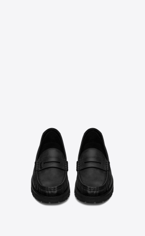 YSL Le Loafer Tlustý Penny Slippers In Smooth Læder Noir | 36574-BLVJ