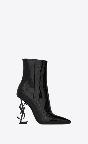 YSL Opyum Booties In Alligator-embossed Lakovaná Læder Černé | 37186-UGYE