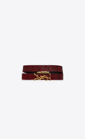 YSL Opyum Double Wrap Bracelet In Crocodile-embossed Læder And Metal Tmavě Červené Zlaté | 59438-NFMI