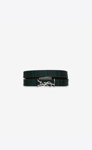YSL Opyum Double Wrap Bracelet In Crocodile-embossed Læder And Metal Tmavě Zelene | 94813-BPVC