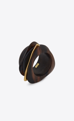 YSL Oversize Bangle In Wood, Bamboo And Metal Černé Tmavě Hnědé Zlaté | 19536-MFCU
