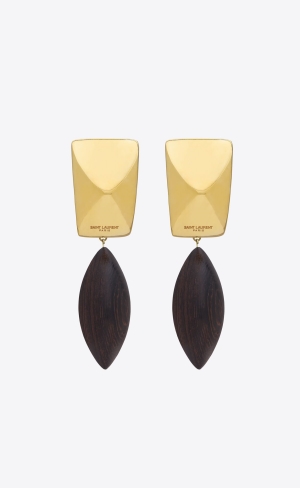 YSL Pyramid Earrings In Wood And Metal Hnědé Zlaté | 15807-YVIL