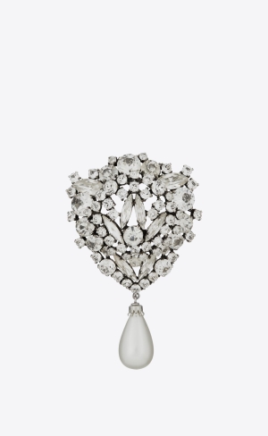 YSL Rhinestone And Pearl Shield Brooch In Metal Stříbrné Krém | 10692-UFIS