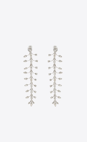 YSL Rhinestone Fish Bone Drop Earrings In Metal Stříbrné | 46175-XRBN