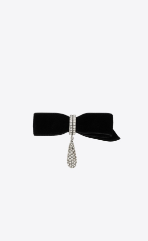 YSL Rhinestone Knot And Drop Brooch In Metal And Velvet Argent Oxyde Et Crystal | 04751-HFKX