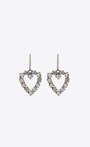 YSL Rhinestone Open Heart Earrings In Metal Stříbrné | 76589-QSUA