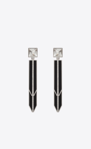 YSL Rhinestone Square And Spike Earrings In Metal And Resin Stříbrné Černé | 36721-ZVHP