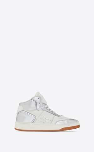 YSL Sl/80 Mid-top Sneakers In Smooth And Grained Læder Argent Et Blanc Optique | 15462-CYJT