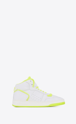 YSL Sl/80 Mid-top Sneakers In Smooth And Grained Læder Blanc Optique Et Jaune Fluo | 93752-CWGJ
