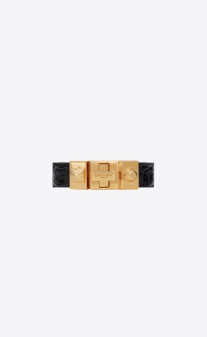 YSL Studded Closure Bracelet In Crocodile-embossed Læder And Metal Černé Zlaté | 17098-MGEZ