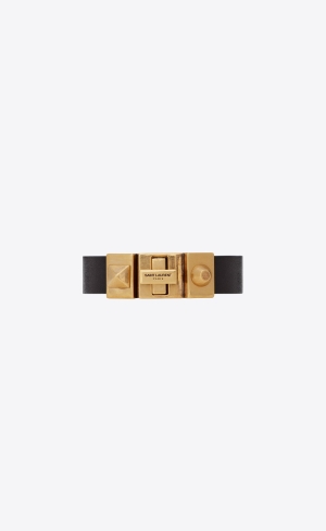 YSL Studded Closure Bracelet In Vegetable-tanned Læder And Metal Černé Světle Hnědé | 03841-HJMA