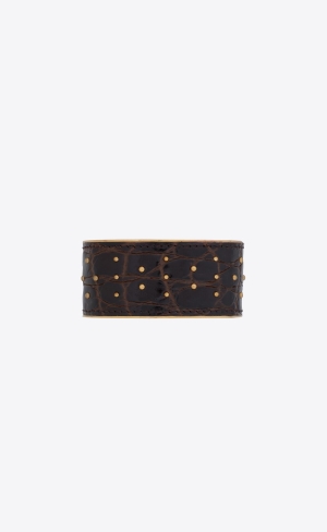 YSL Studded Cuff In Crocodile-embossed Læder And Metal Tmavě Čokolády Světle Hnědé | 79365-HORV
