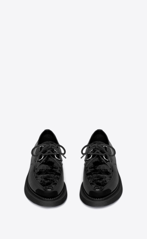 YSL Teddy Derbies In Lakovaná Læder And Velvet Noir | 13784-FBKQ