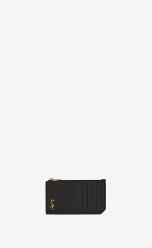 YSL Tiny Cassandre Zipped Fragments Credit Card Case In Shiny Læder Černé | 92560-QHTA