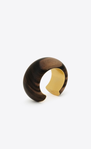 YSL Tlustý Cuff In Wood And Metal Tmavě Hnědé Zlaté | 78346-RLNT
