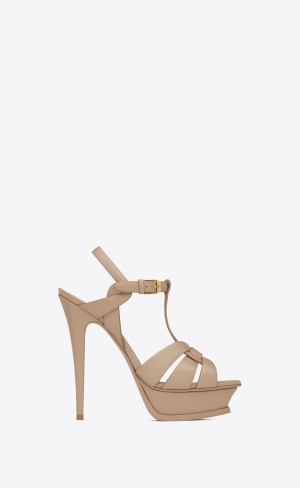 YSL Tribute Platformy Sandals In Smooth Læder Tmavě Béžový | 50618-LBFK