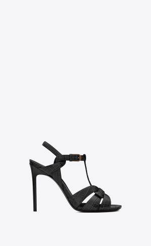 YSL Tribute Sandals In Crocodile-embossed Shiny Læder Černé | 89716-VQKP