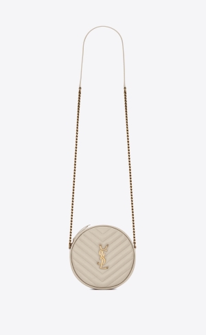 YSL Vinyle Round Camera Bag In Chevron-quilted Grain De Poudre Embossed Læder Blanc Vintage | 35498-NEBS