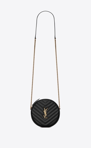YSL Vinyle Round Camera Bag In Chevron-quilted Grain De Poudre Embossed Læder Černé | 79345-YSXV